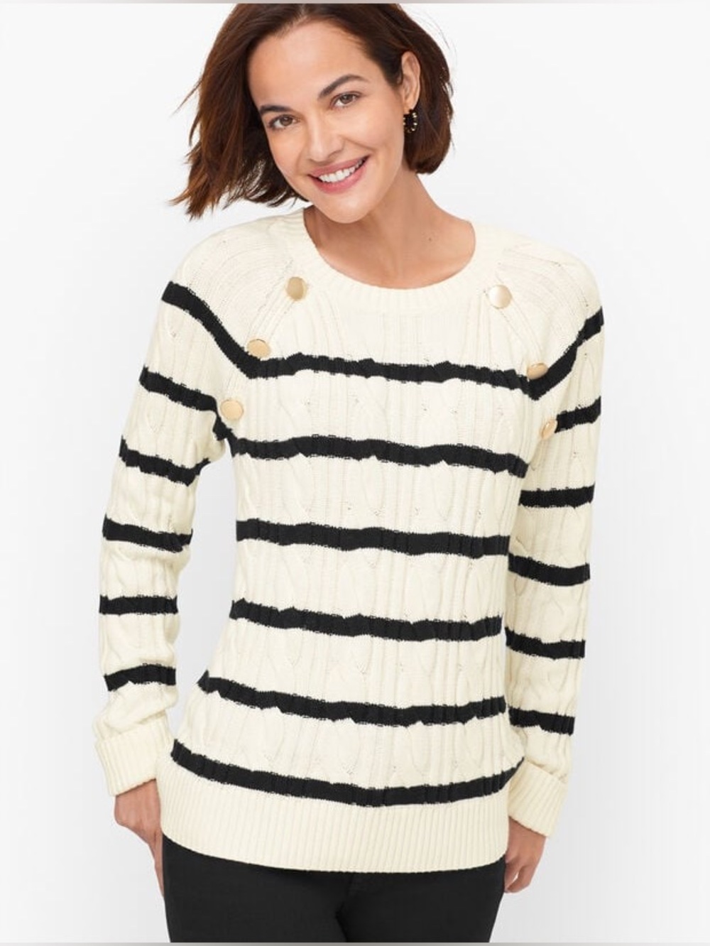 CABLE KNIT CREWNECK SWEATER - BRETON STRIPE